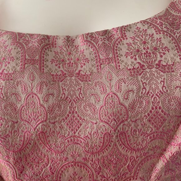 NOS Vintage WEDDING Pink SILK Empire Bridal DAMASK Formal Prom Dress XS - Picture 7 of 11